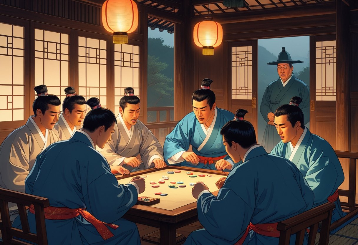 조선시대 남자들이 전통 복장을 입고 비밀스럽게 도박을 하는 장면과 문틈으로 지켜보는 관리의 모습